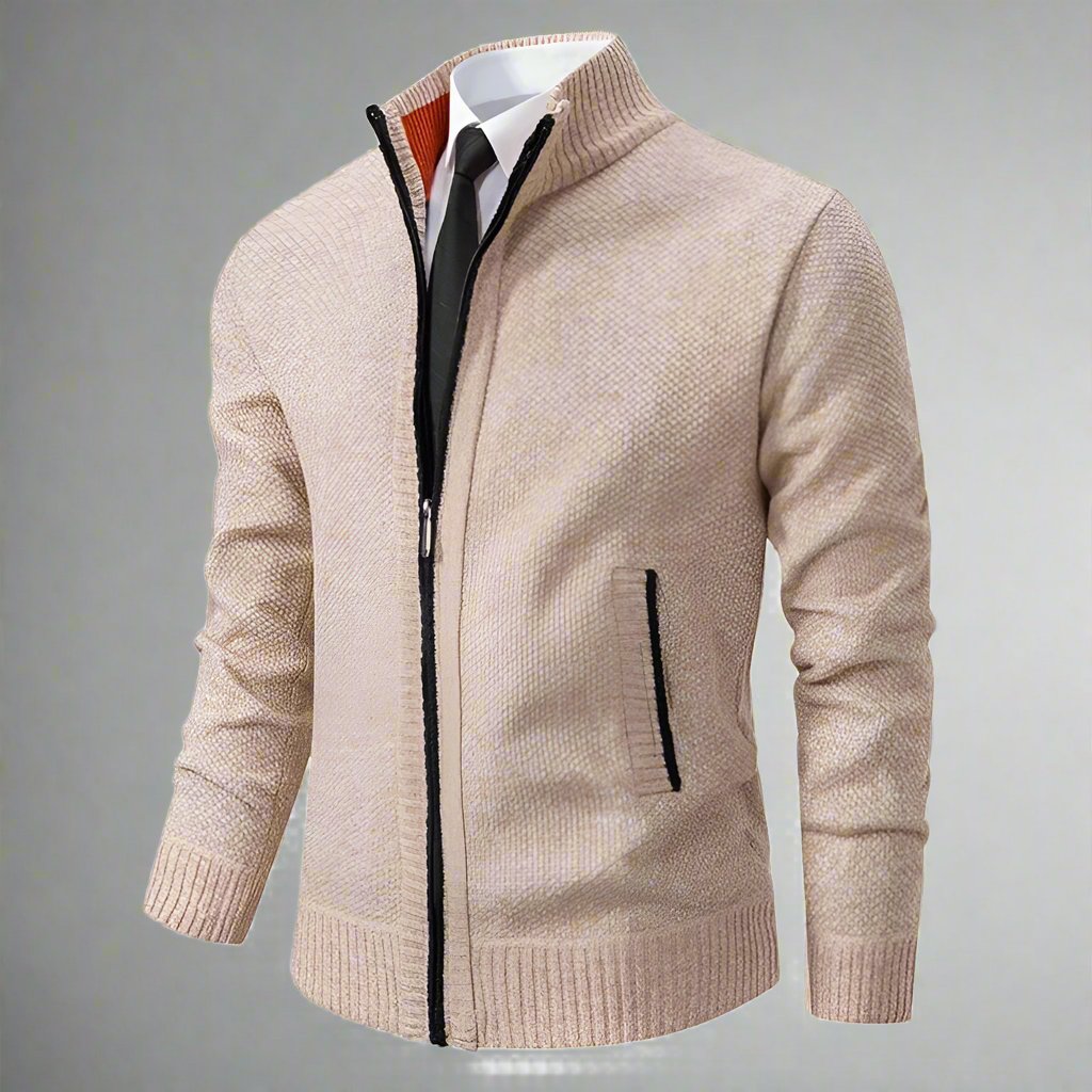 Herre Cardigan - Glidelås - Høy Krage - Slim Fit - Ribbestrikkede Mansjetter