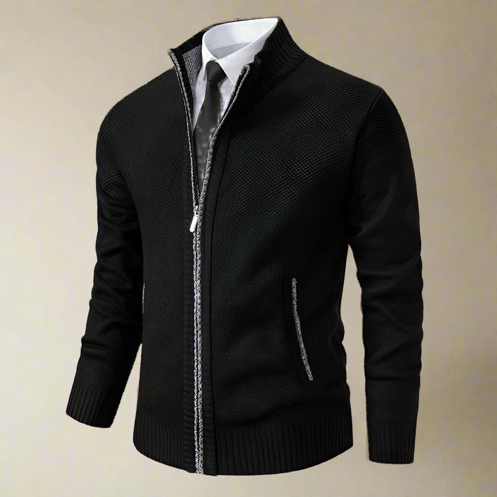 Herre Cardigan - Glidelås - Høy Krage - Slim Fit - Ribbestrikkede Mansjetter