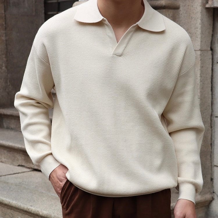 Men's Knitted Sweater - Polo Collar - V-neck - Long-sleeved Comfortable Fit