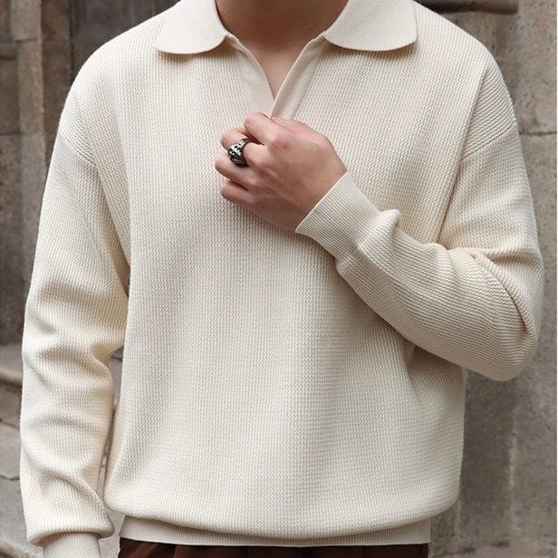 Men's Knitted Sweater - Polo Collar - V-neck - Long-sleeved Comfortable Fit