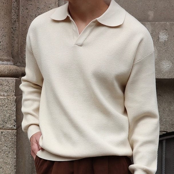 Men's Knitted Sweater - Polo Collar - V-neck - Long-sleeved Comfortable Fit