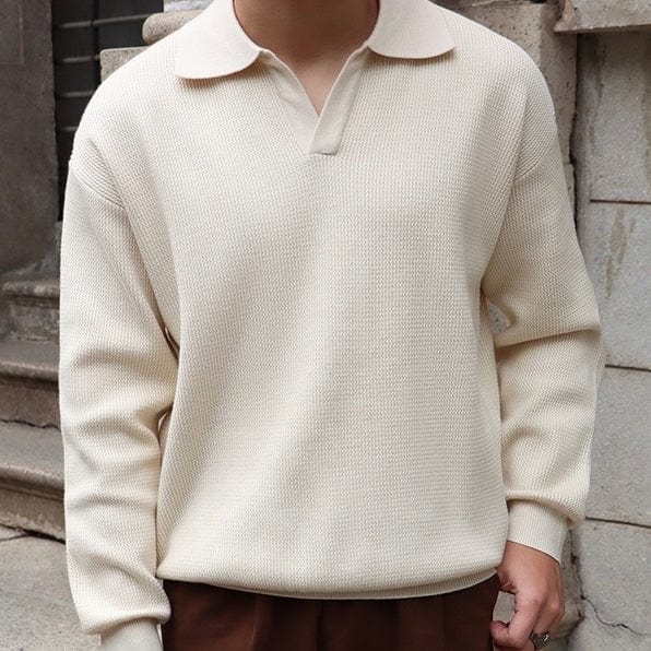 Men's Knitted Sweater - Polo Collar - V-neck - Long-sleeved Comfortable Fit