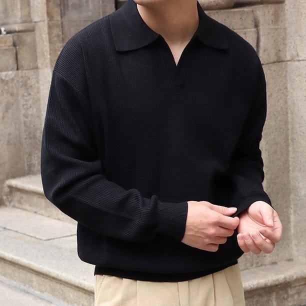 Men's Knitted Sweater - Polo Collar - V-neck - Long-sleeved Comfortable Fit