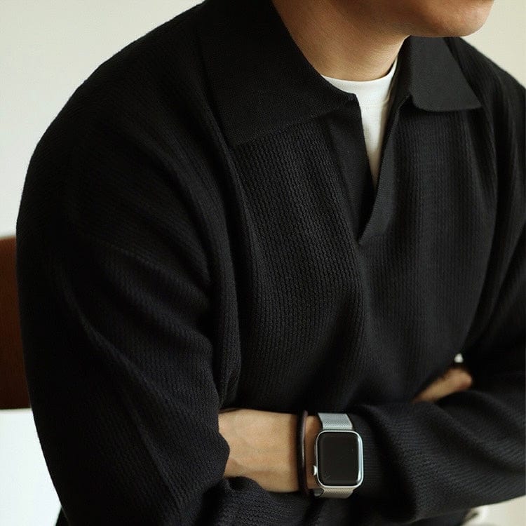 Men's Knitted Sweater - Polo Collar - V-neck - Long-sleeved Comfortable Fit