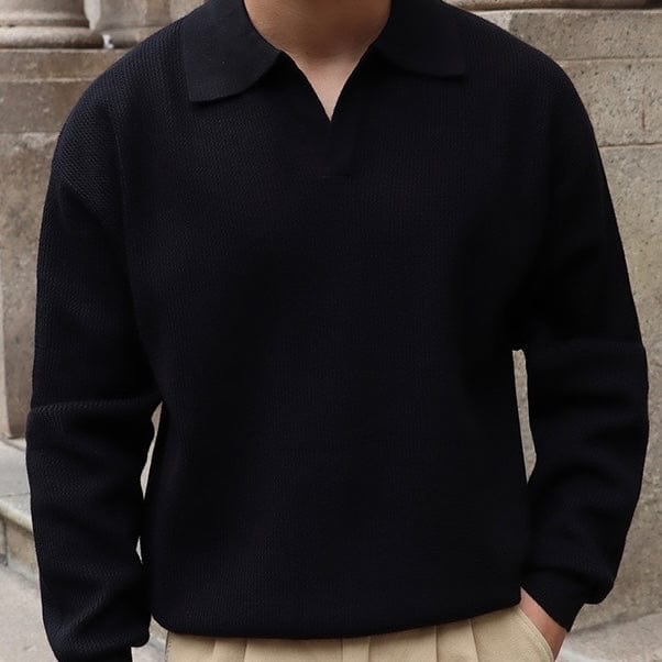Men's Knitted Sweater - Polo Collar - V-neck - Long-sleeved Comfortable Fit