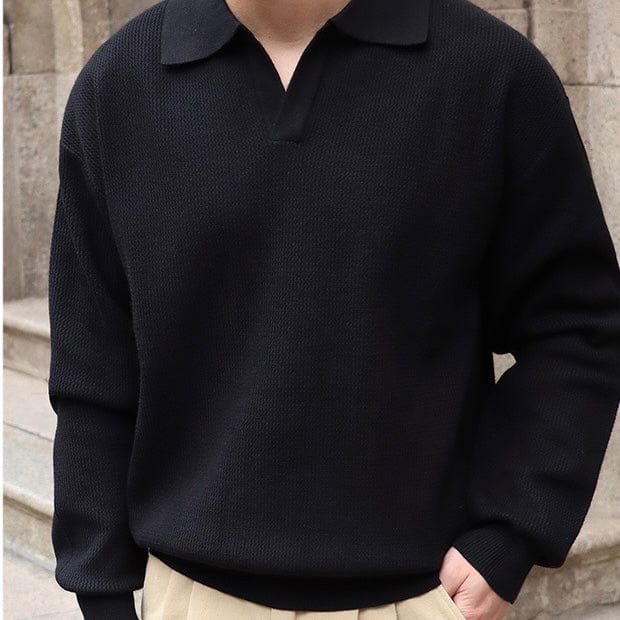 Men's Knitted Sweater - Polo Collar - V-neck - Long-sleeved Comfortable Fit