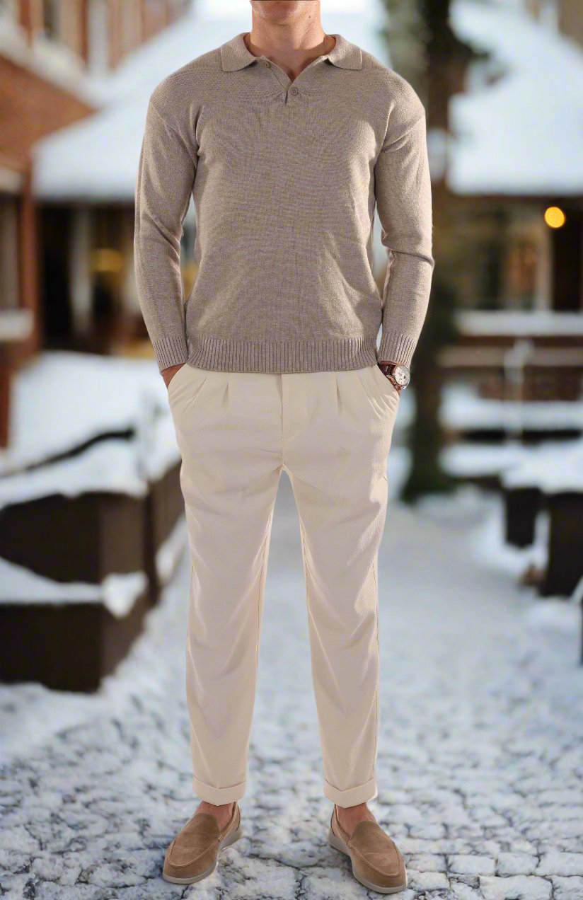 Men's Polo Sweater - Wool Blend - Regular Fit - Long-Sleeved with Ribbed Cuffs