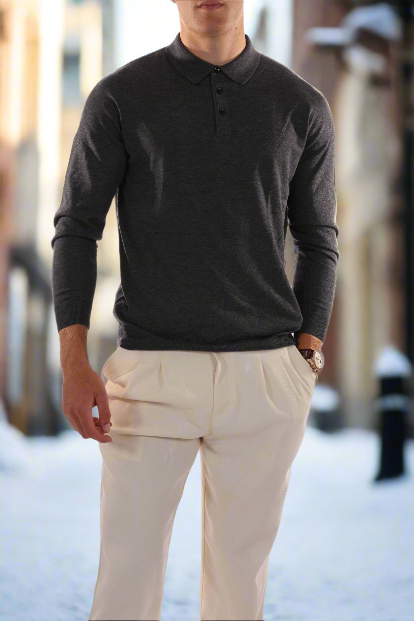 Men's Polo Sweater - Wool Blend - Regular Fit - Long-Sleeved with Ribbed Cuffs