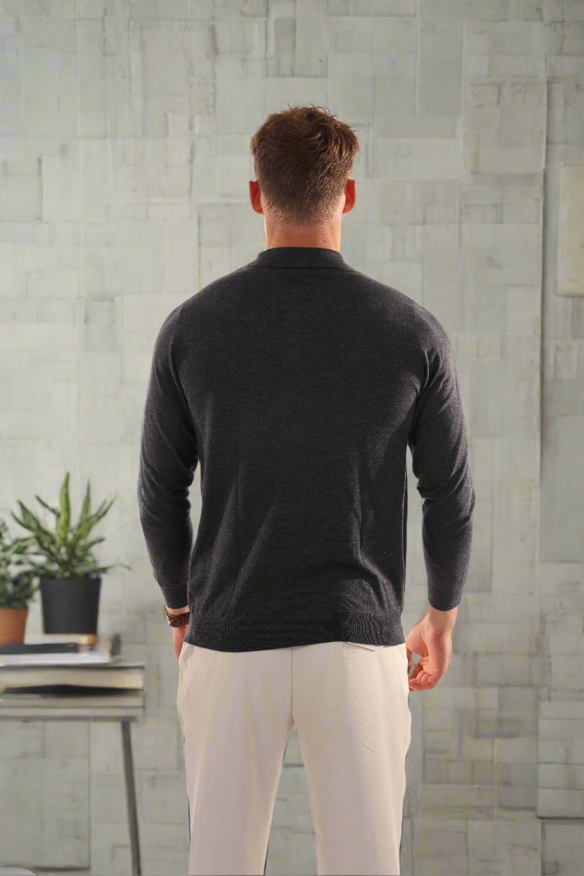 Men's Polo Sweater - Wool Blend - Regular Fit - Long-Sleeved with Ribbed Cuffs
