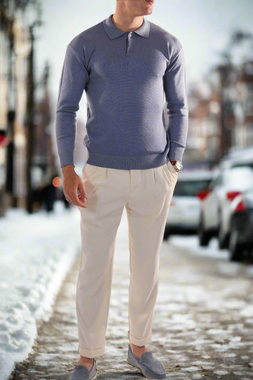 Men's Polo Sweater - Wool Blend - Regular Fit - Long-Sleeved with Ribbed Cuffs