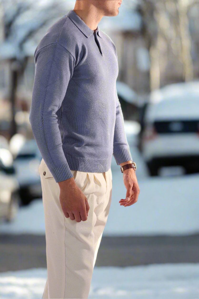 Men's Polo Sweater - Wool Blend - Regular Fit - Long-Sleeved with Ribbed Cuffs