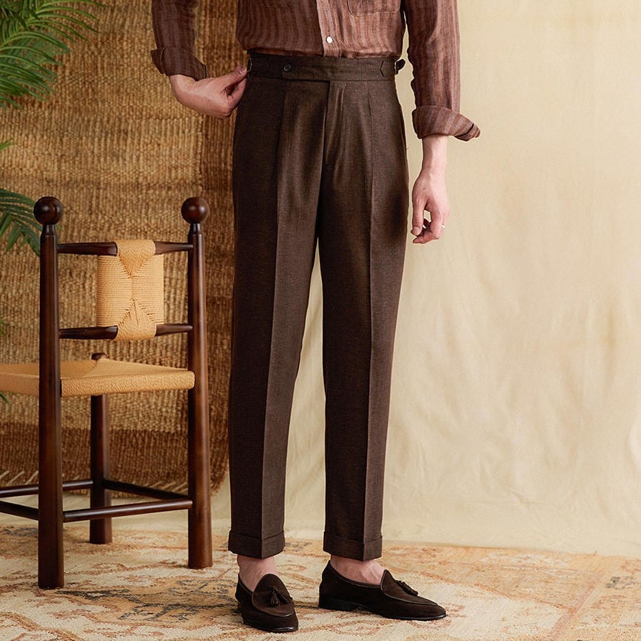 Men's Trousers - Classic Fit - High Waist - Pleat Details - Turned-Up Hem - Wool Blend