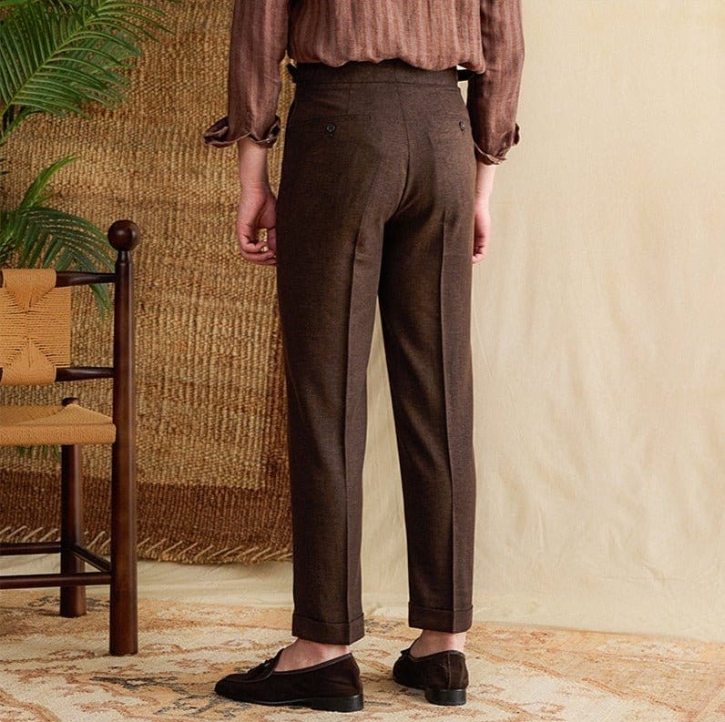Men's Trousers - Classic Fit - High Waist - Pleat Details - Turned-Up Hem - Wool Blend