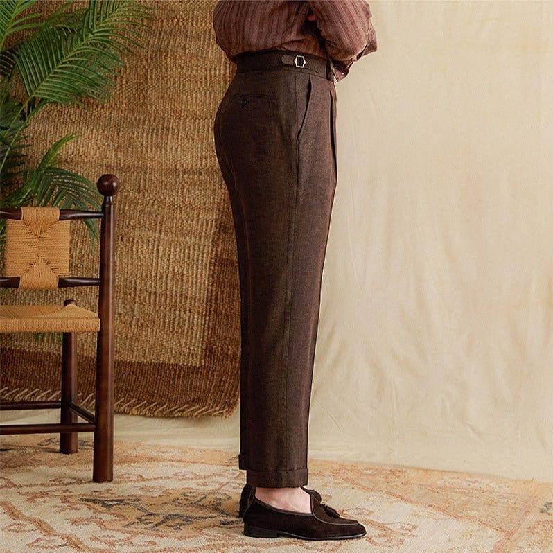 Men's Trousers - Classic Fit - High Waist - Pleat Details - Turned-Up Hem - Wool Blend