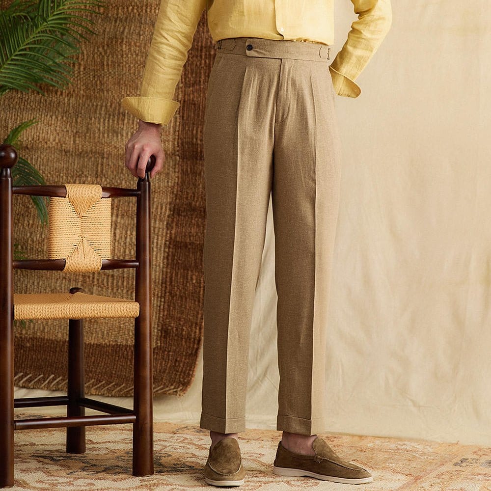 Men's Trousers - Classic Fit - High Waist - Pleat Details - Turned-Up Hem - Wool Blend