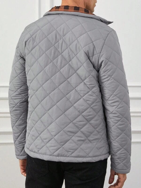 Men's Jacket - Quilted with Checkered Design - High Collar - Zipper & Button Closure - Slim Fit