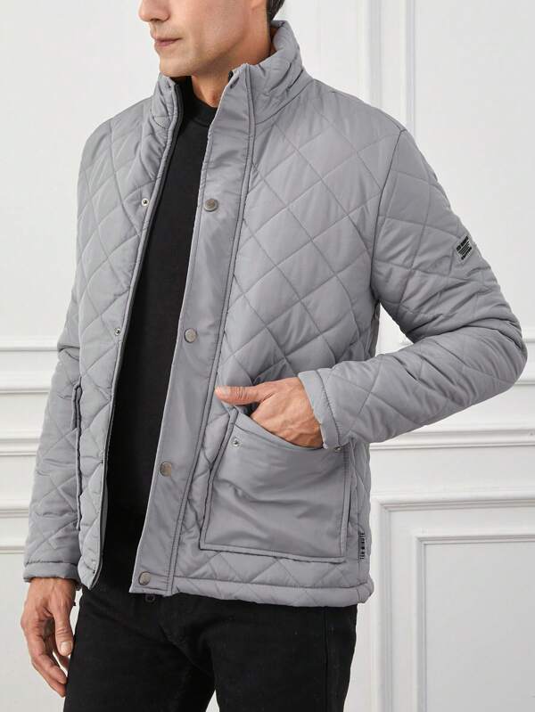 Men's Jacket - Quilted with Checkered Design - High Collar - Zipper & Button Closure - Slim Fit