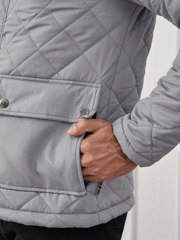 Men's Jacket - Quilted with Checkered Design - High Collar - Zipper & Button Closure - Slim Fit