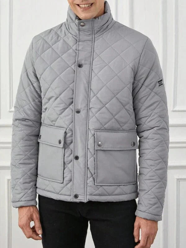 Men's Jacket - Quilted with Checkered Design - High Collar - Zipper & Button Closure - Slim Fit