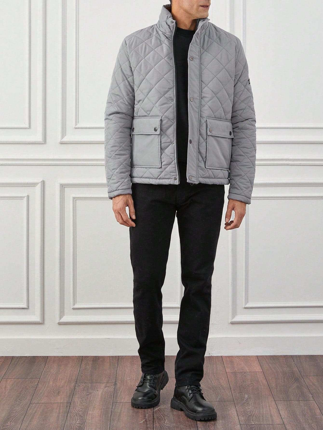 Men's Jacket - Quilted with Checkered Design - High Collar - Zipper & Button Closure - Slim Fit