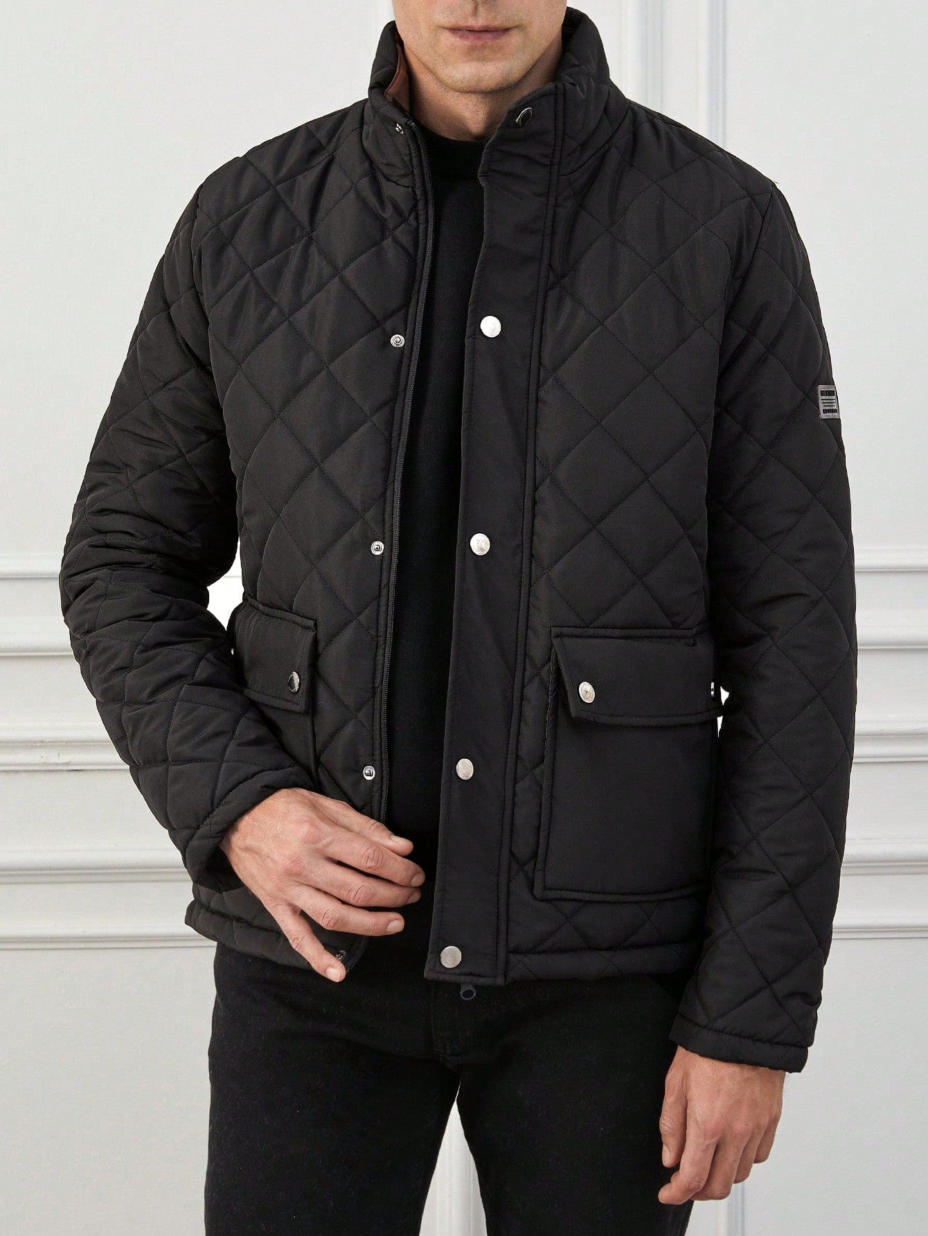 Men's Jacket - Quilted with Checkered Design - High Collar - Zipper & Button Closure - Slim Fit