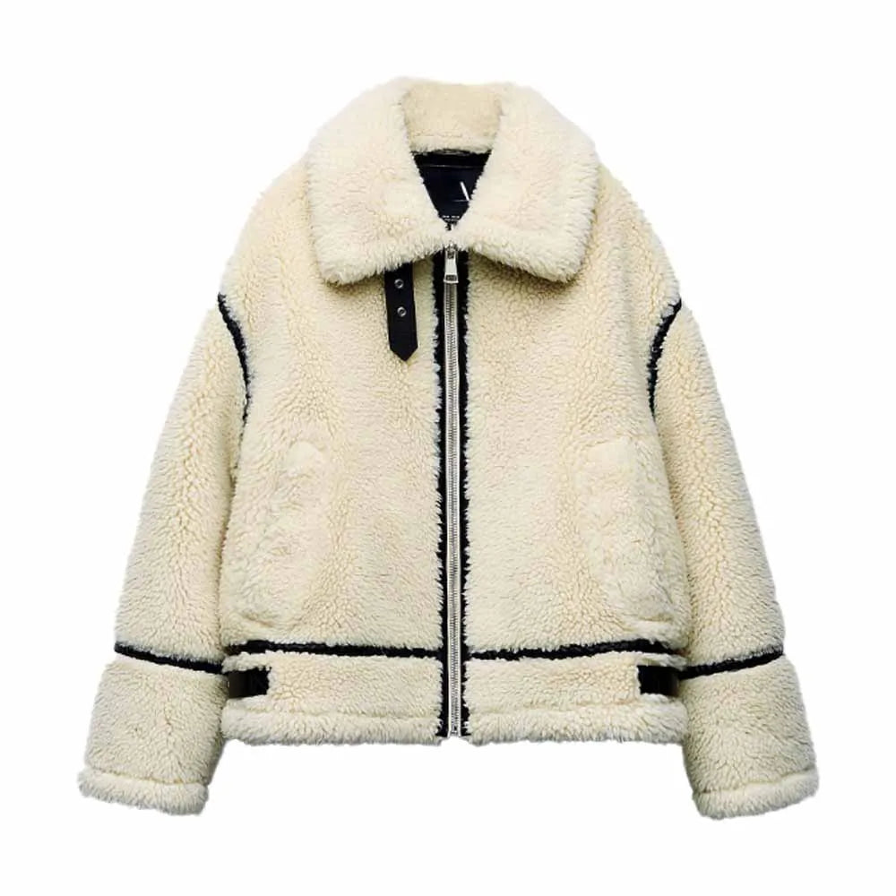 Charlotte Oversized Teddy Jacket | Contrast Trim High Neck Jacket