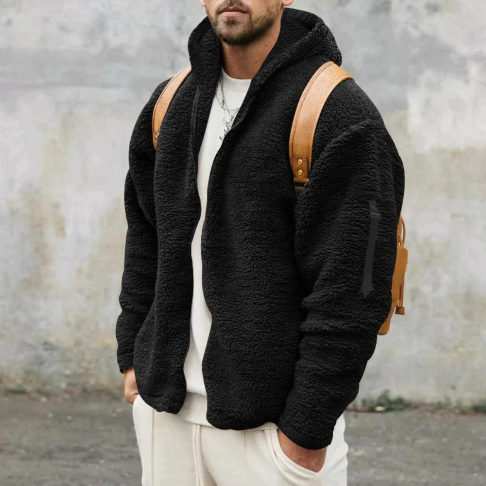 Men's Hoodie – Sherpa Fleece – Relaxed Fit – Zipper – Ribbed Cuffs