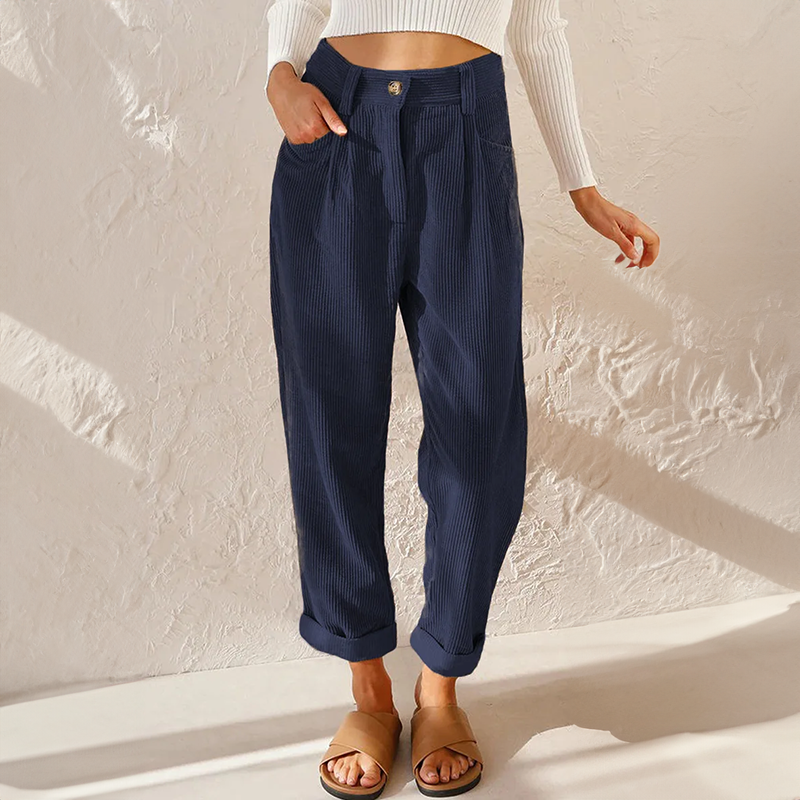 Women's Pants with High Waist – Relaxed Fit – Soft Ribbed Texture – With Pleats