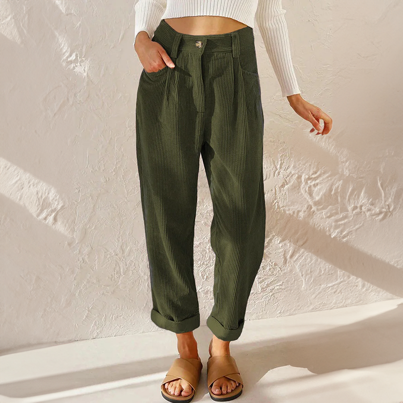 Women's Pants with High Waist – Relaxed Fit – Soft Ribbed Texture – With Pleats