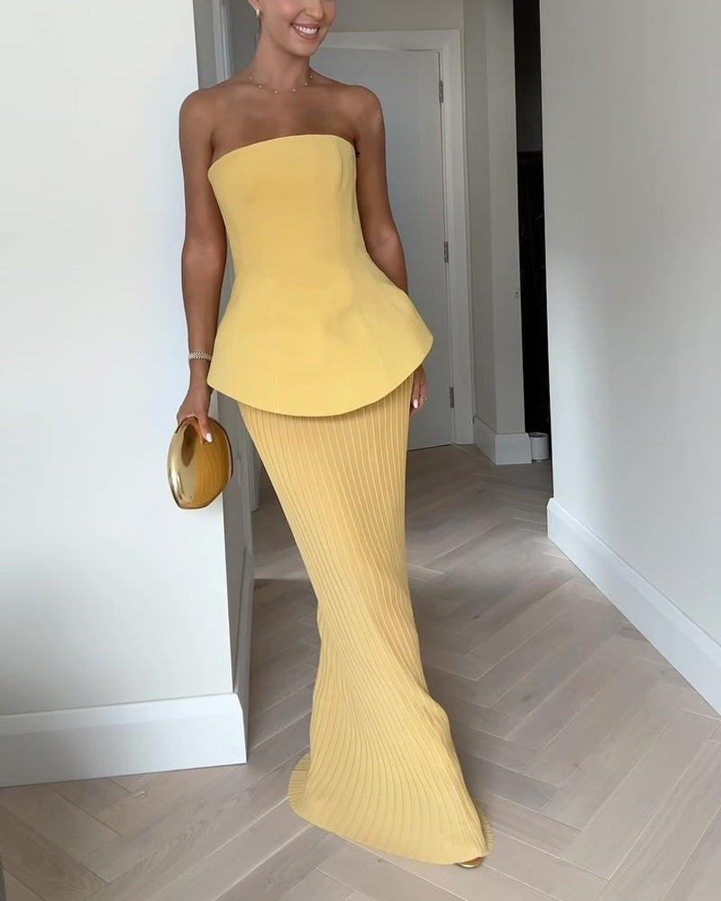 Dress woman maxi – strapless – peplum bodice – pleated skirt – elegant fit