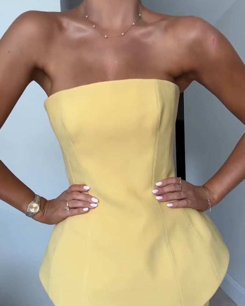 Dress woman maxi – strapless – peplum bodice – pleated skirt – elegant fit