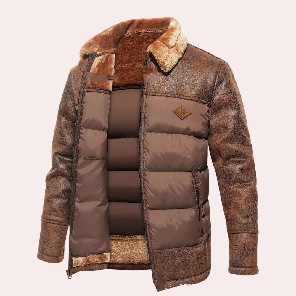 Men’s Jacket - Faux Leather - Quilted Front Panel - Plush Fleece Lining