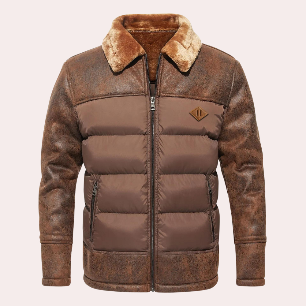 Men’s Jacket - Faux Leather - Quilted Front Panel - Plush Fleece Lining