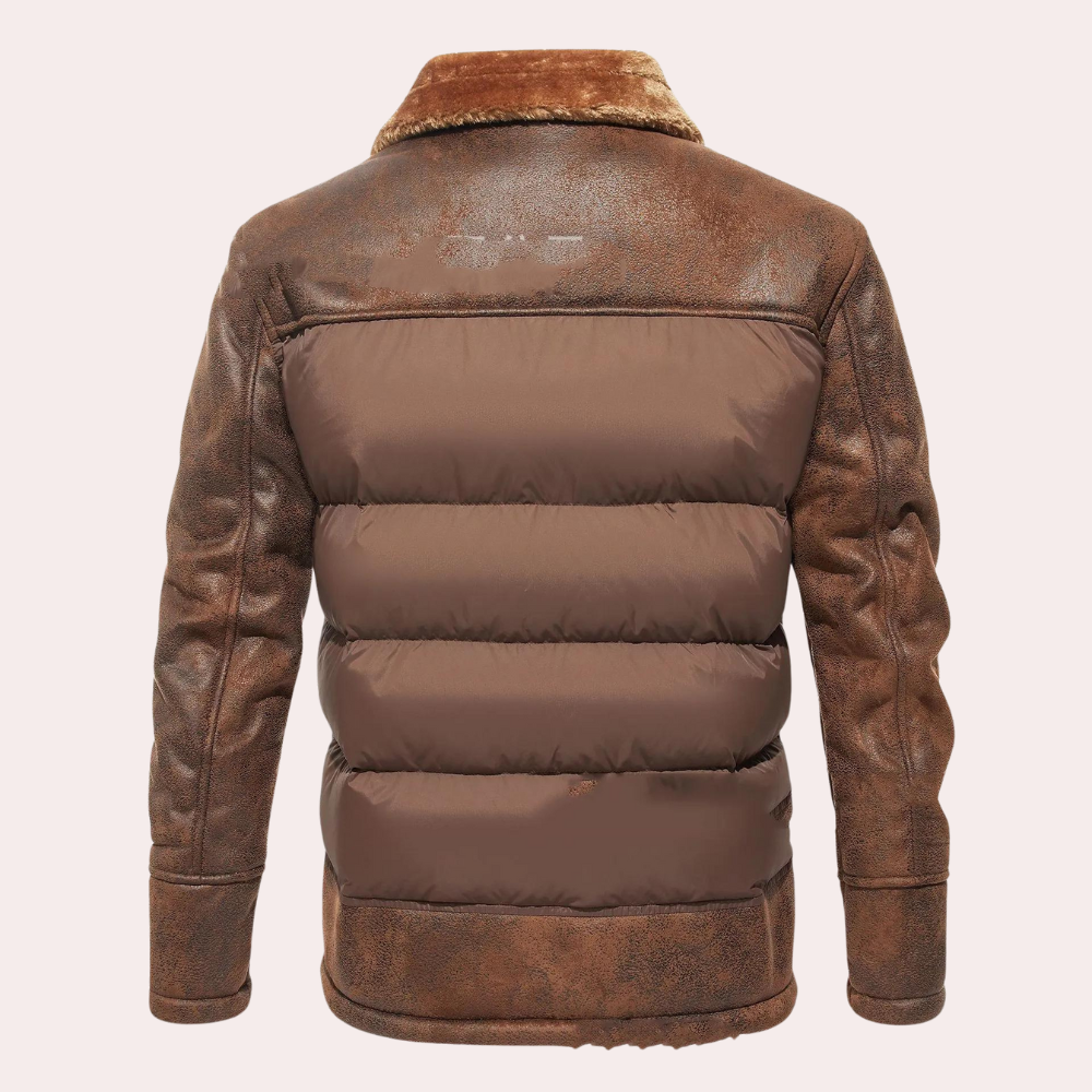 Men’s Jacket - Faux Leather - Quilted Front Panel - Plush Fleece Lining
