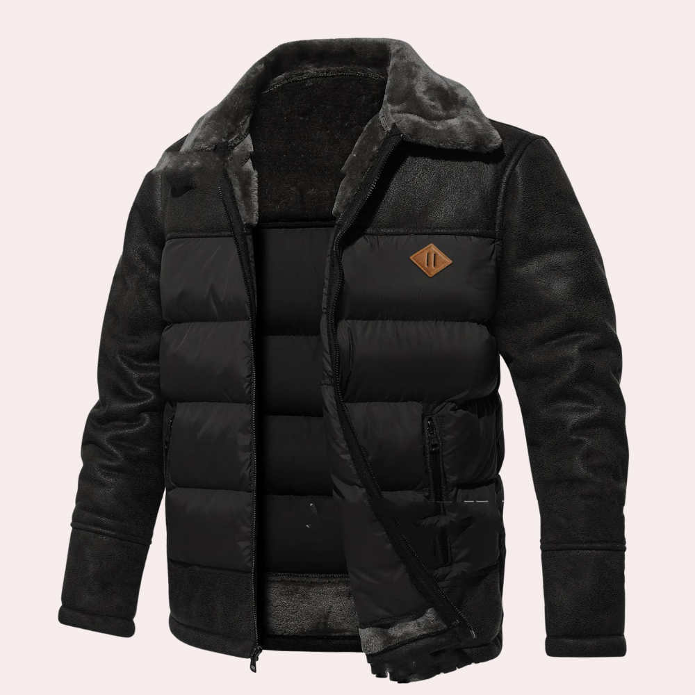 Men’s Jacket - Faux Leather - Quilted Front Panel - Plush Fleece Lining