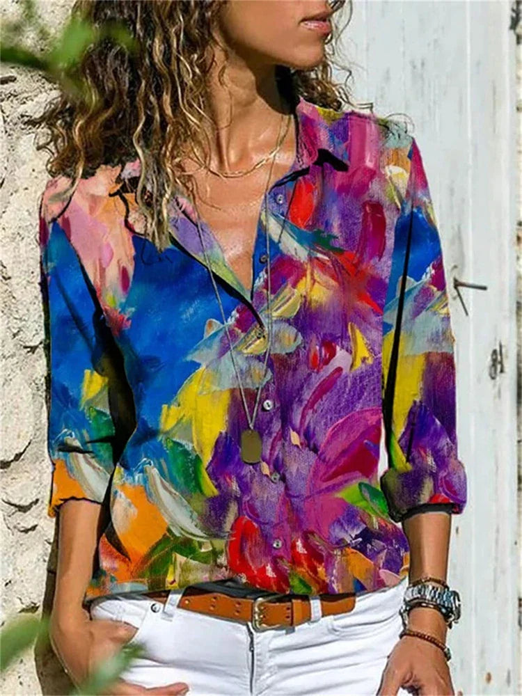 Women's Blouse – Relaxed Fit – Breathable Fabric – Rolled-Up Sleeves – Floral Print