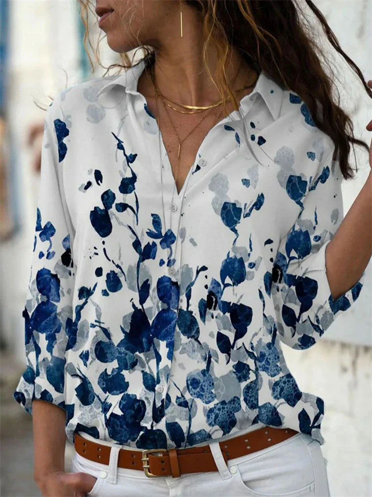 Women's Blouse – Relaxed Fit – Breathable Fabric – Rolled-Up Sleeves – Floral Print