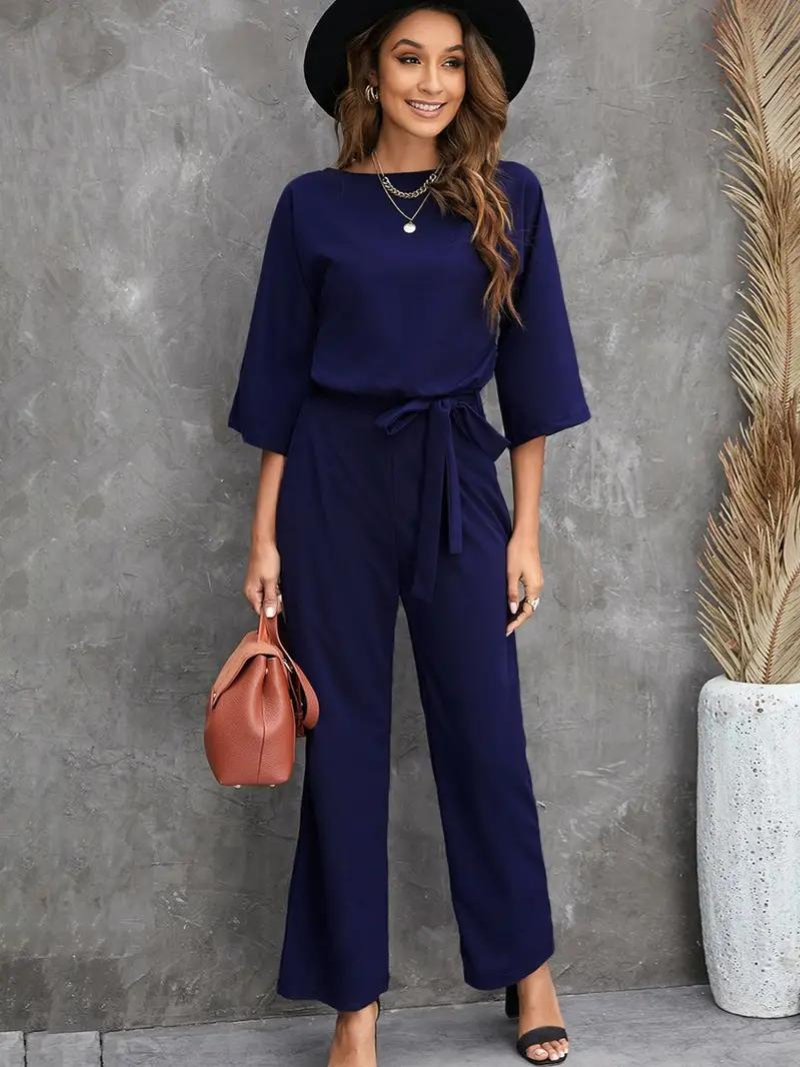 Women's Jumpsuit – Relaxed Fit – Breathable Fabric – Belt – 3/4 Sleeve