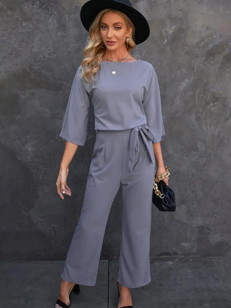 Women's Jumpsuit – Relaxed Fit – Breathable Fabric – Belt – 3/4 Sleeve