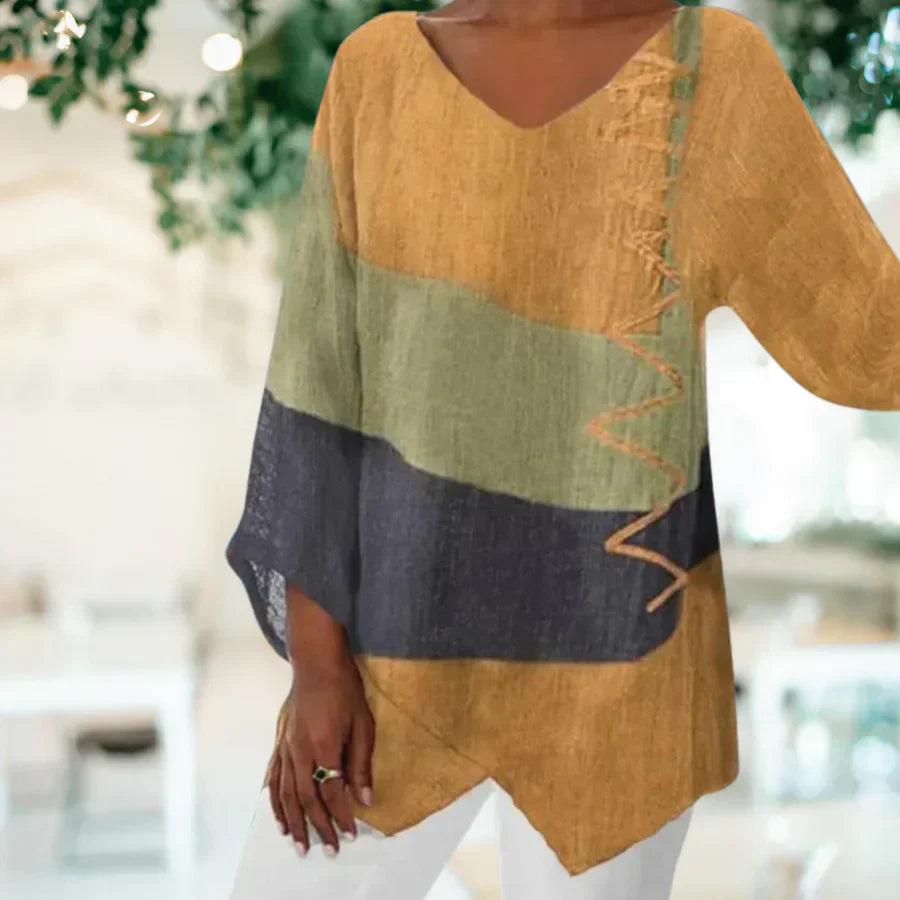 Women's Blouse – Relaxed Fit – V-Neck – 3/4 Sleeve – Breathable Fabric – Asymmetric Hem