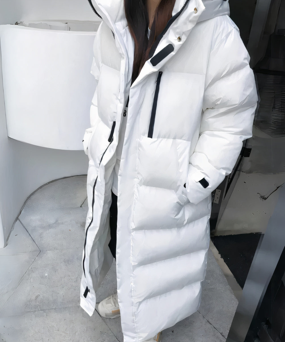 High Neck Long Down Jacket with Fixed Hood for Women