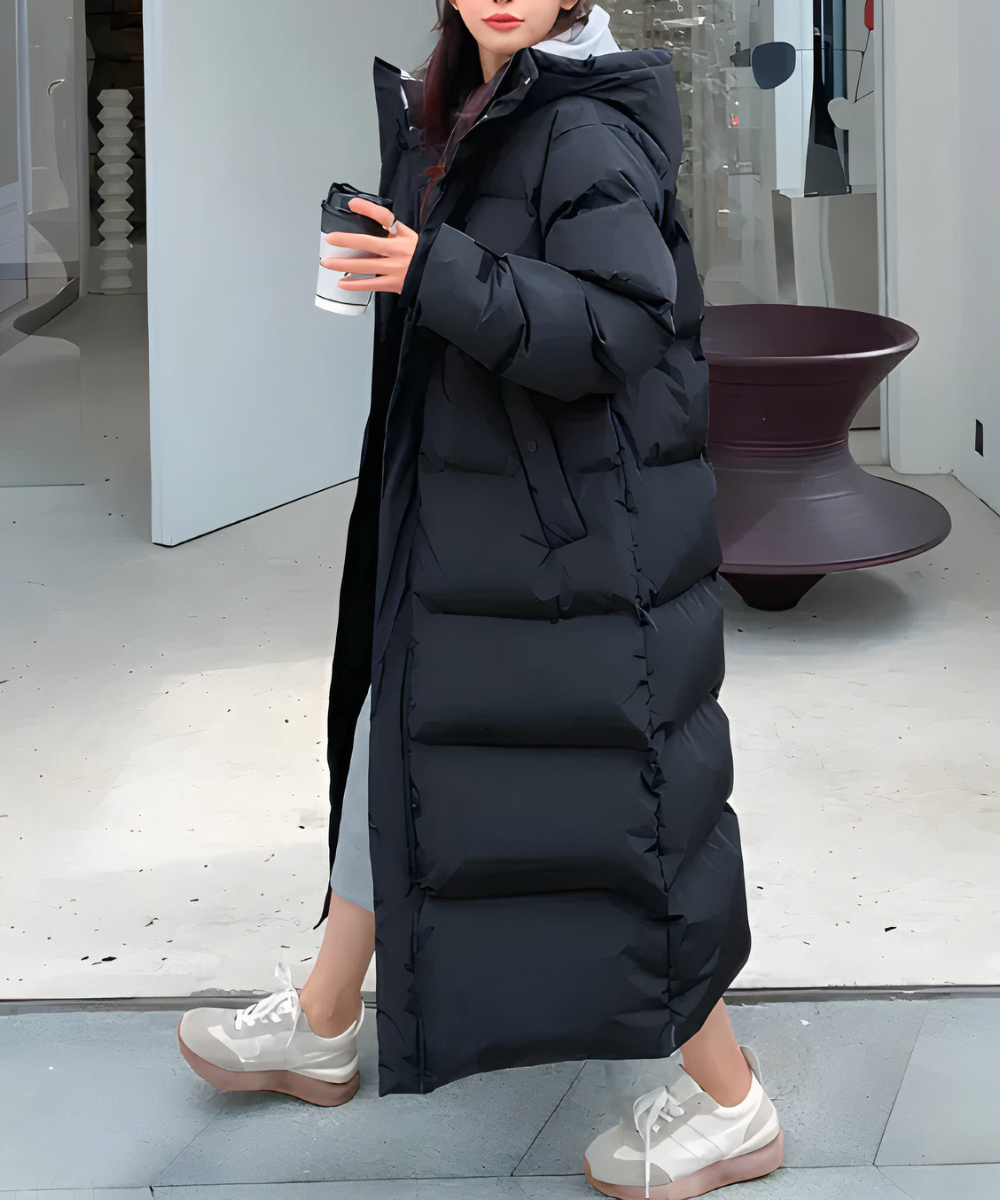 High Neck Long Down Jacket with Fixed Hood for Women