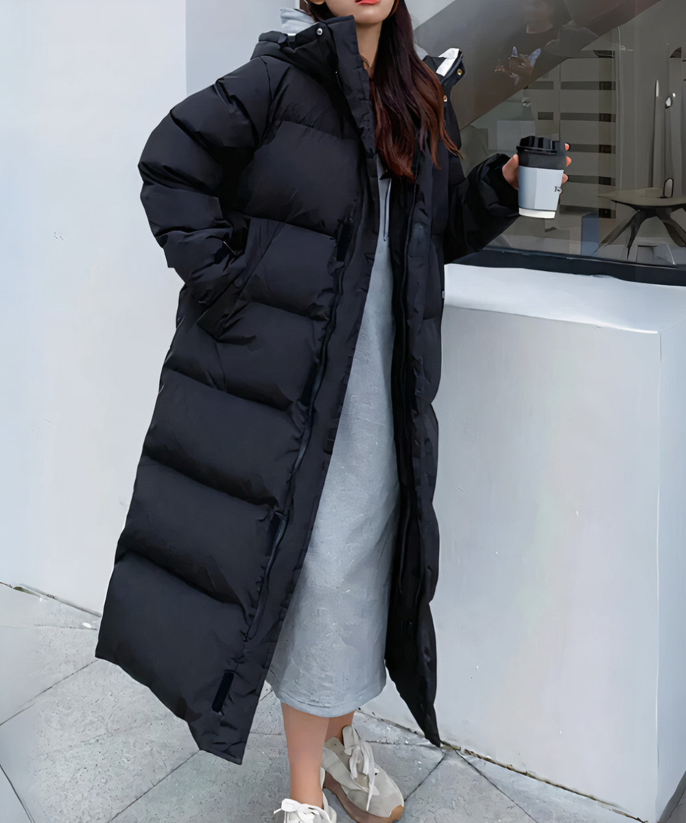 High Neck Long Down Jacket with Fixed Hood for Women