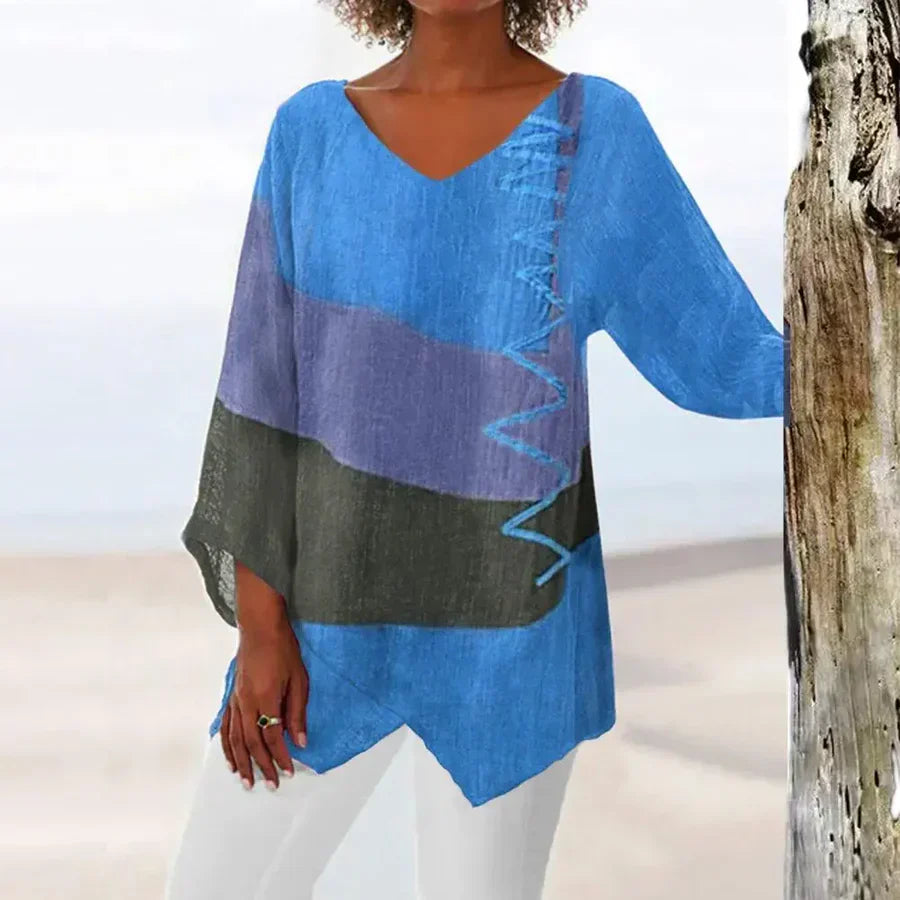 Women's Blouse – Relaxed Fit – V-Neck – 3/4 Sleeve – Breathable Fabric – Asymmetric Hem