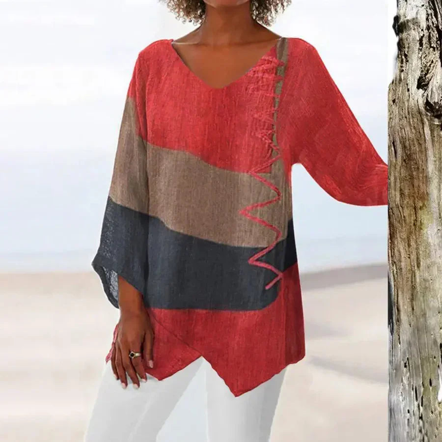 Women's Blouse – Relaxed Fit – V-Neck – 3/4 Sleeve – Breathable Fabric – Asymmetric Hem