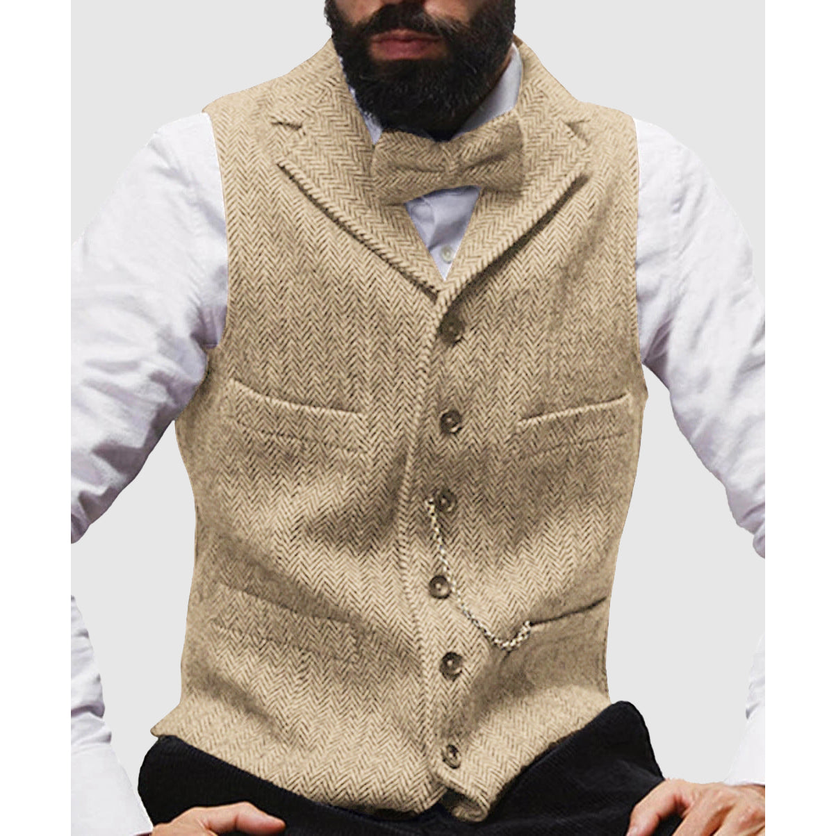 Men's Vest – Slim Fit – Wool Texture – Herringbone Pattern – Formal Buttoning