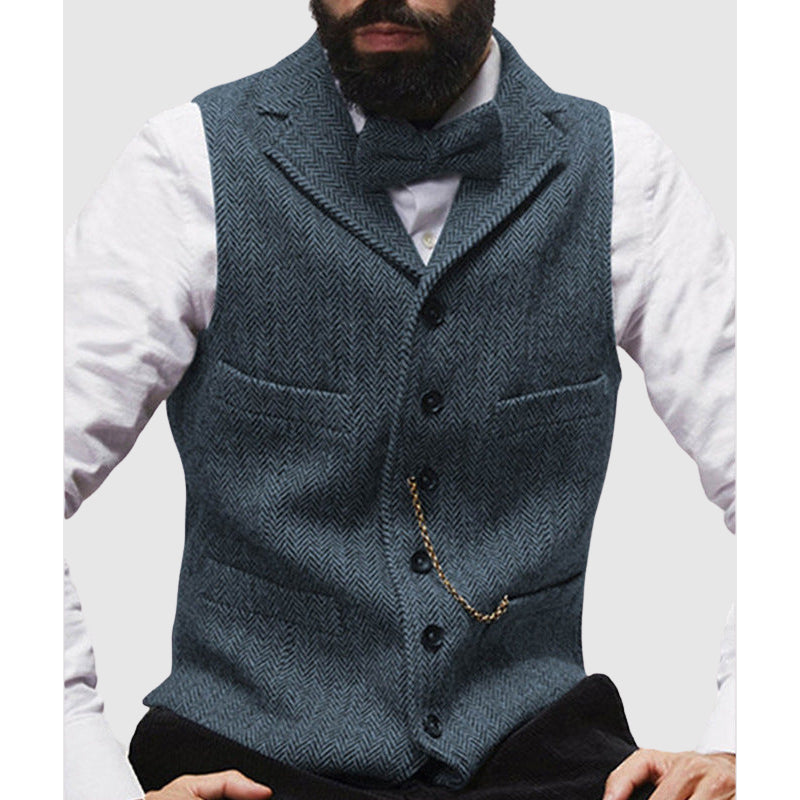 Men's Vest – Slim Fit – Wool Texture – Herringbone Pattern – Formal Buttoning