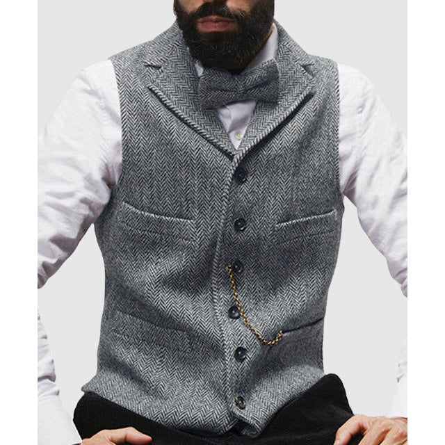 Men's Vest – Slim Fit – Wool Texture – Herringbone Pattern – Formal Buttoning
