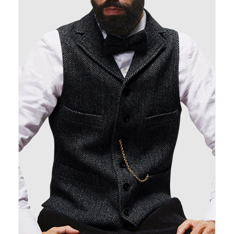 Men's Vest – Slim Fit – Wool Texture – Herringbone Pattern – Formal Buttoning