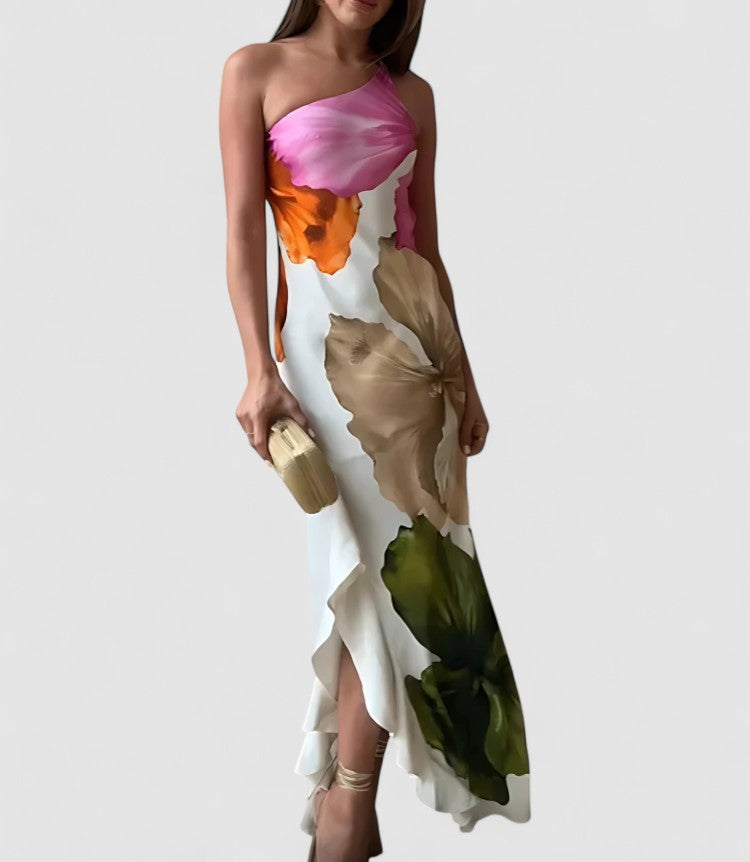 Women's Evening Dress – Tight Fit – Asymmetric Neckline – Luxury Fabric